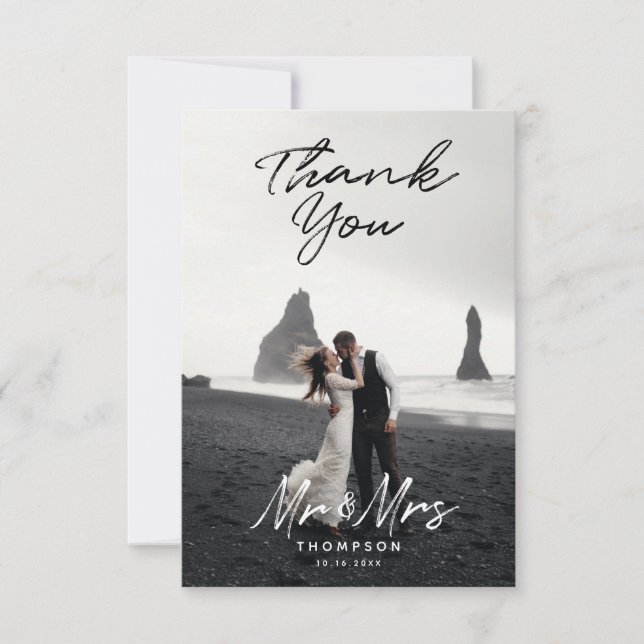 Carte De Remerciements M. Mme Modern Black White Script Mariage Photo (Devant)