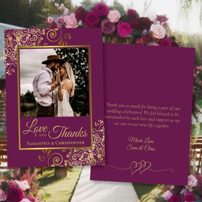 Carte De Remerciements Magenta & Gold Love & Thanks Photo & Note Mariage (Front/Back)