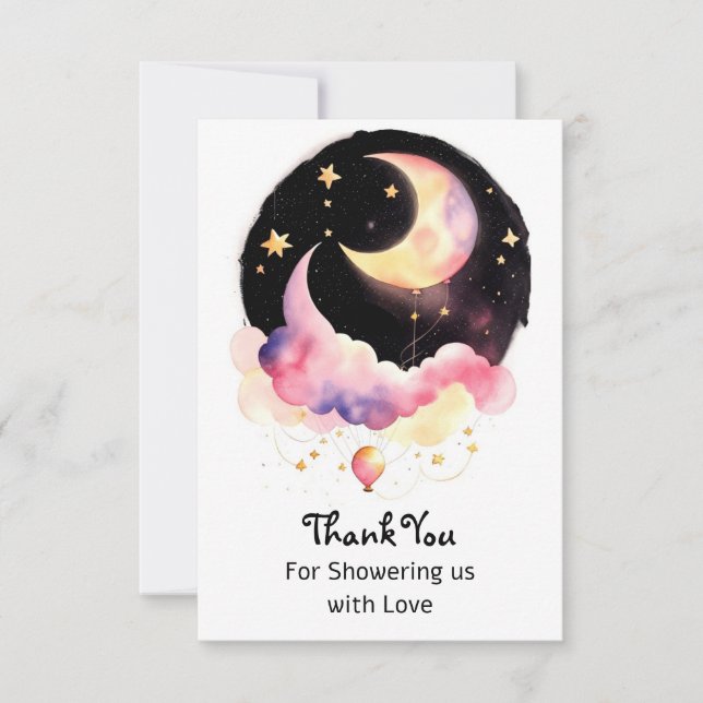 Carte De Remerciements Magical Moon & Stars Aquarelle Bébé Fille Douche (Devant)
