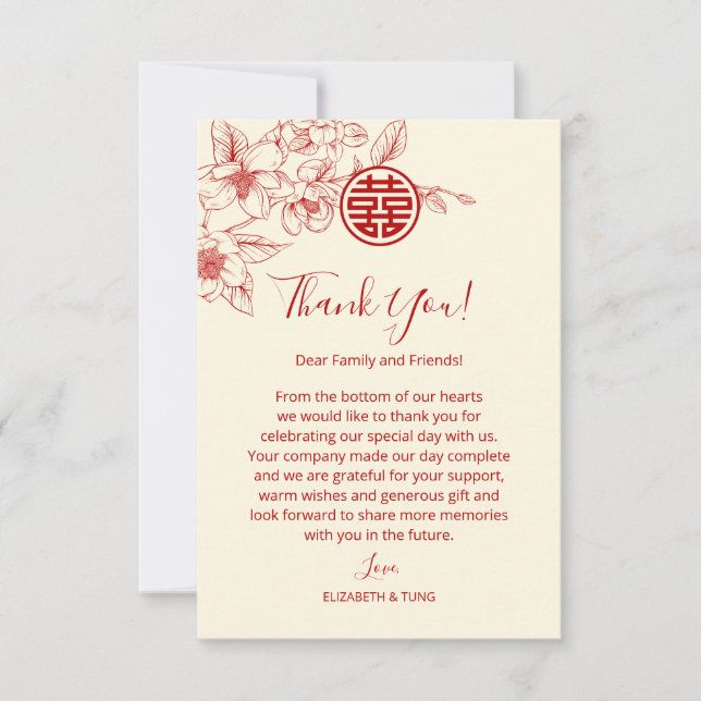 Carte De Remerciements Magnolia Crème rouge Mariage chinois (Devant)