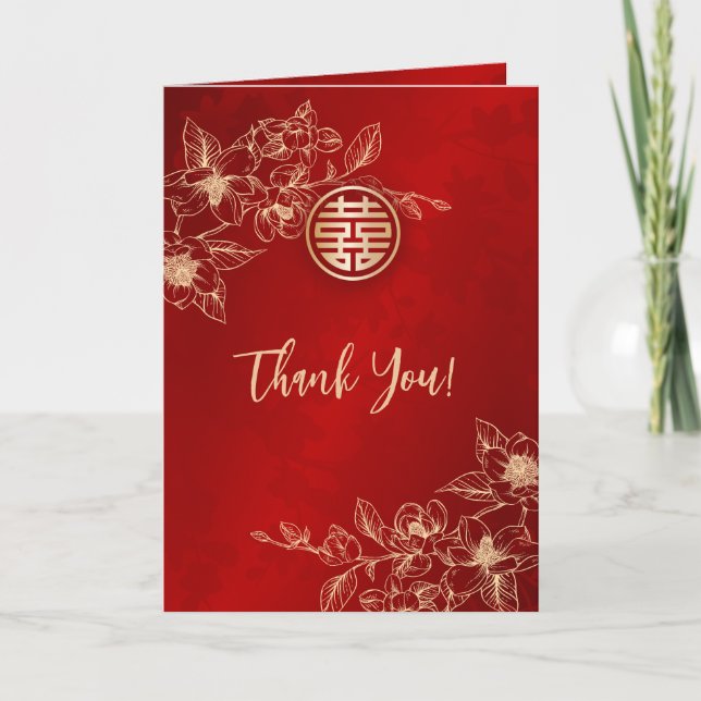 Carte De Remerciements Magnolia Red Gold Photo Mariage chinois (Devant)