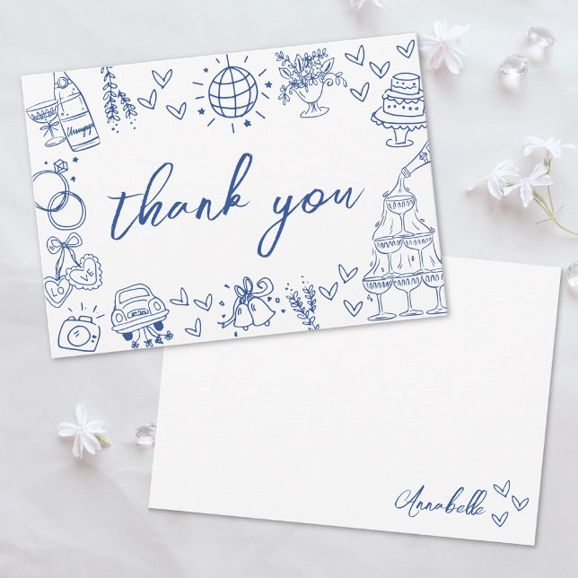 Carte De Remerciements Main dessinée bleu fantaisiste (Hand Drawn Blue Whimsical Thank You Card)