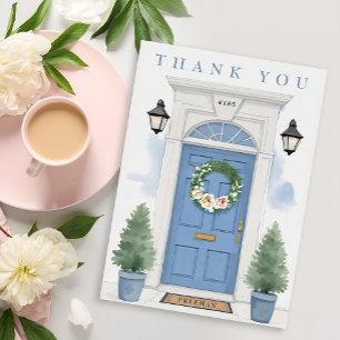 Carte De Remerciements Maison élégante avec porte d'entrée bleue pour pen