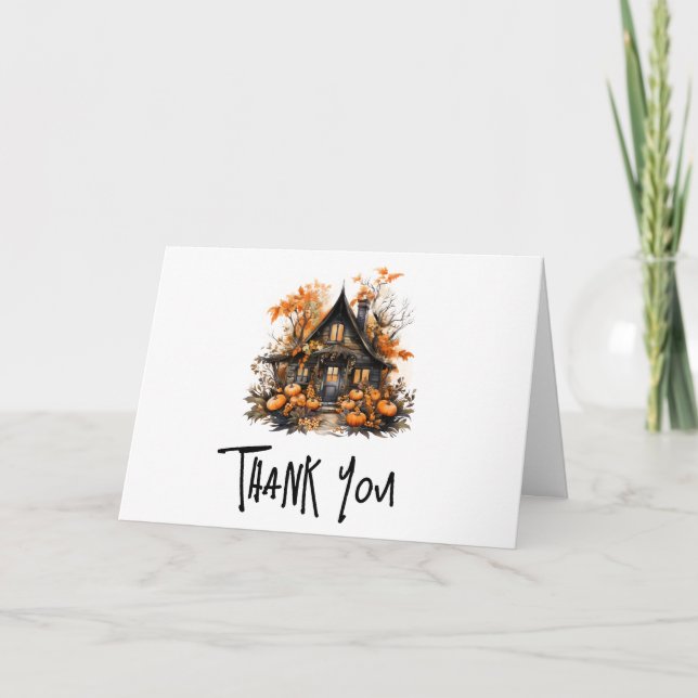 Carte De Remerciements Maison hantée avec Halloween Citrouille (Devant)