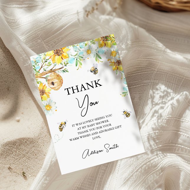 Carte De Remerciements Maman Florale Jaune Bleu À Être Baby shower (Boys Mommy-To-Bee Bee Themed Baby Shower Thank You Card, Floral Bumble Bee baby Shower Thank You)