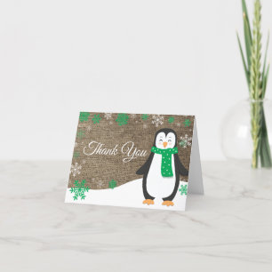 Carte De Remerciements Manchot d'hiver Vert Flocon de Neige Burlap