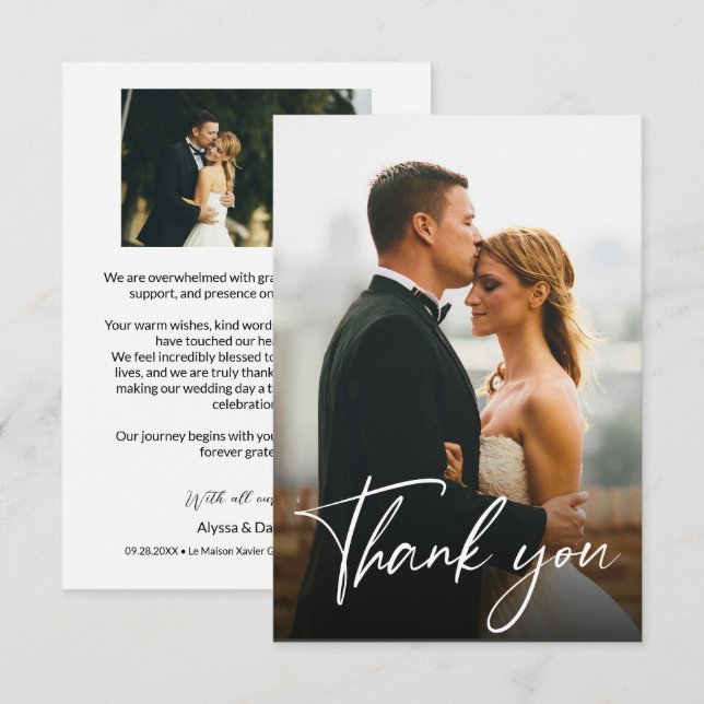 Carte De Remerciements Manutention Moderne Personnalisé 2 Photos Mariages (Devant / Derrière)