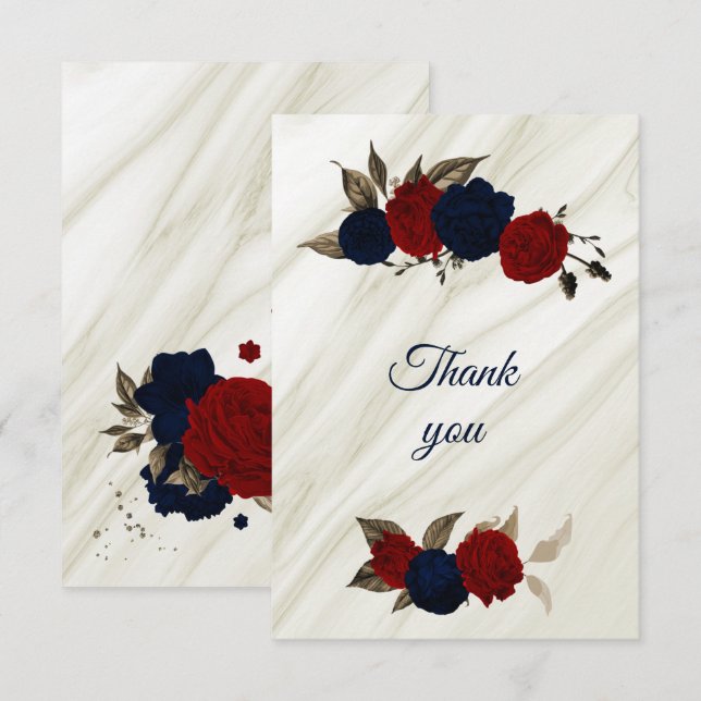 Carte De Remerciements marbre à fleurs rouge et marine (Devant / Derrière)