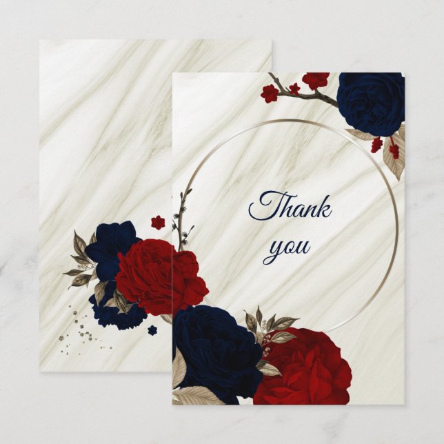 Carte De Remerciements marbre à fleurs rouge et marine (Devant / Derrière)