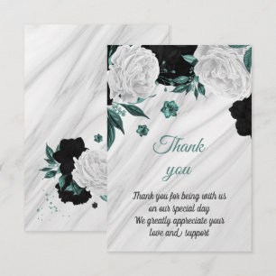 Carte De Remerciements marbre botanique noir blanc et turquoise