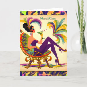 Carte De Remerciements Mardi Gras Femme Au Milieu Du Siècle Avec Martini
