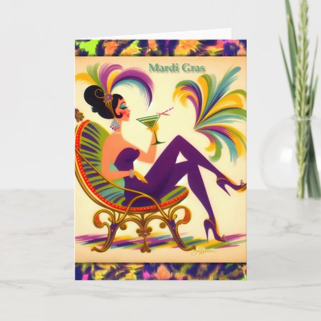 Carte De Remerciements Mardi Gras Martini femme du milieu du siècle rétro (Devant)