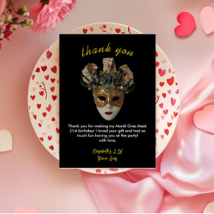 Carte De Remerciements Mardi Gras Masque 21e fête d'anniversaire