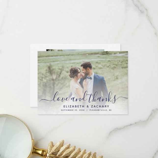 Carte De Remerciements mariage à 2 photos bleu marine (Devant/Arrière en situation)