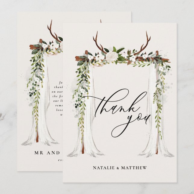 Carte De Remerciements Mariage à canopée fleurie rustique et aquarelle (Devant / Derrière)