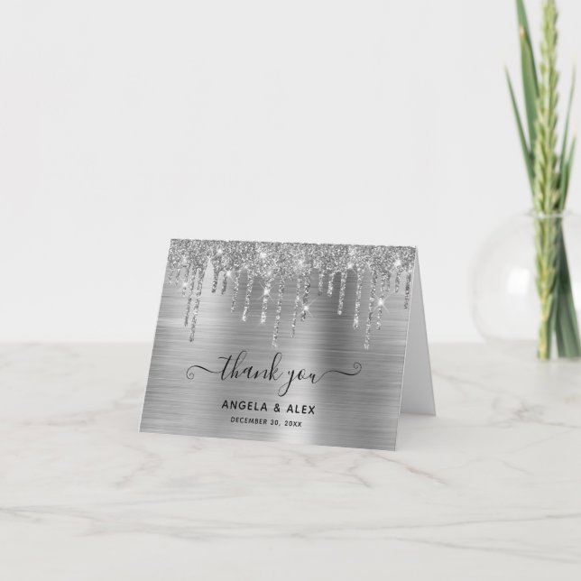 Carte De Remerciements Mariage à huile Faux Silver Parties scintillant Dr (Devant)
