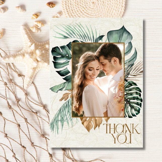 Carte De Remerciements Mariage à la plage de photo florale tropicale (Tropical Floral Photo Beach Wedding Thank You Card)