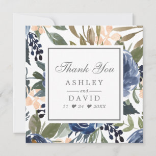 Carte De Remerciements Mariage à l'aquarelle à motif floral bleu marine