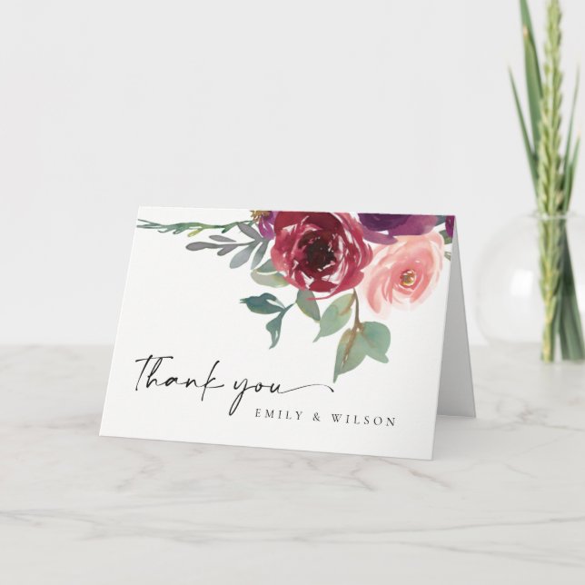 CARTE DE REMERCIEMENTS MARIAGE A L'AQUARELLE FLORALE ROSE ROUGE MARSALA (Devant)