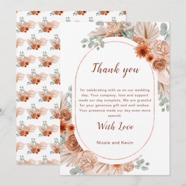 Carte De Remerciements Mariage à l'herbe de Pampas Terracotta Boho (Devant / Derrière)