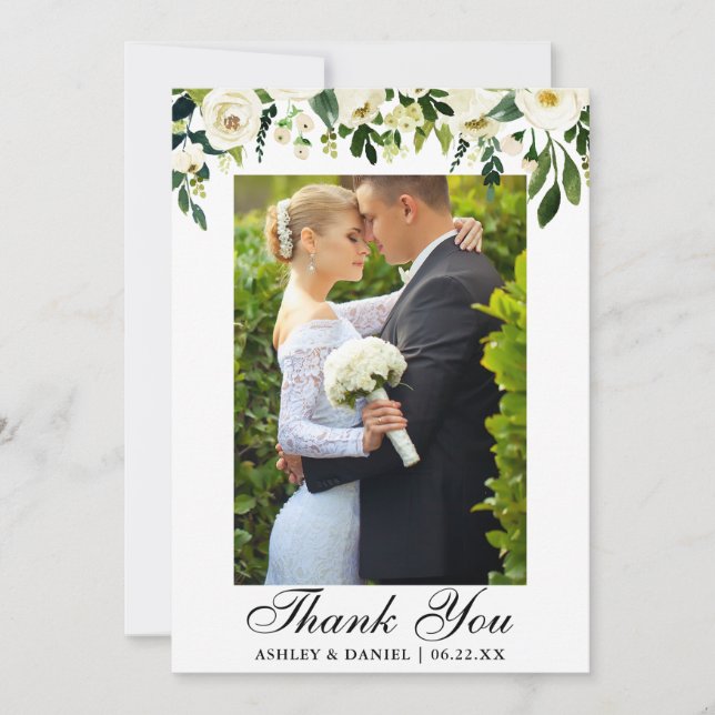 Carte De Remerciements Mariage Aquarelle Vert Blanc Floral Photo (Devant)