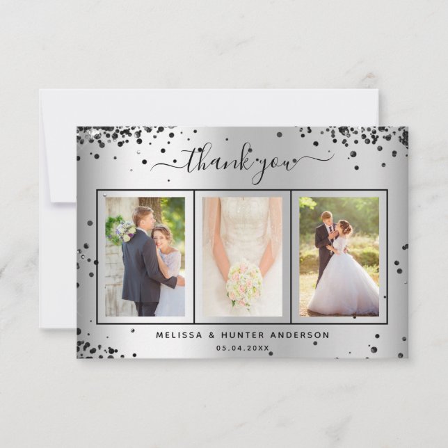 Carte De Remerciements Mariage argent noir parties scintillant photo scri (Devant)