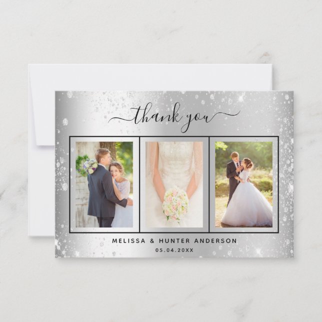 Carte De Remerciements Mariage argent parties scintillant scintille scrip (Devant)