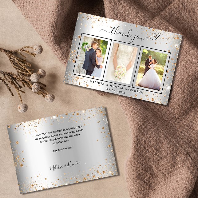 Carte De Remerciements Mariage argent photo or coeur script élégant (Créateur téléchargé)