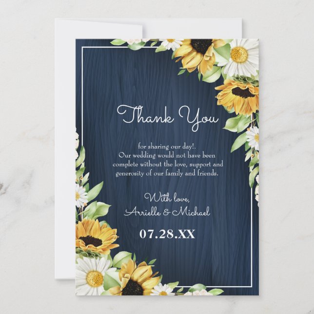 Carte De Remerciements Mariage Arrière - plan Rustic Sunflower Navy Blue  (Devant)