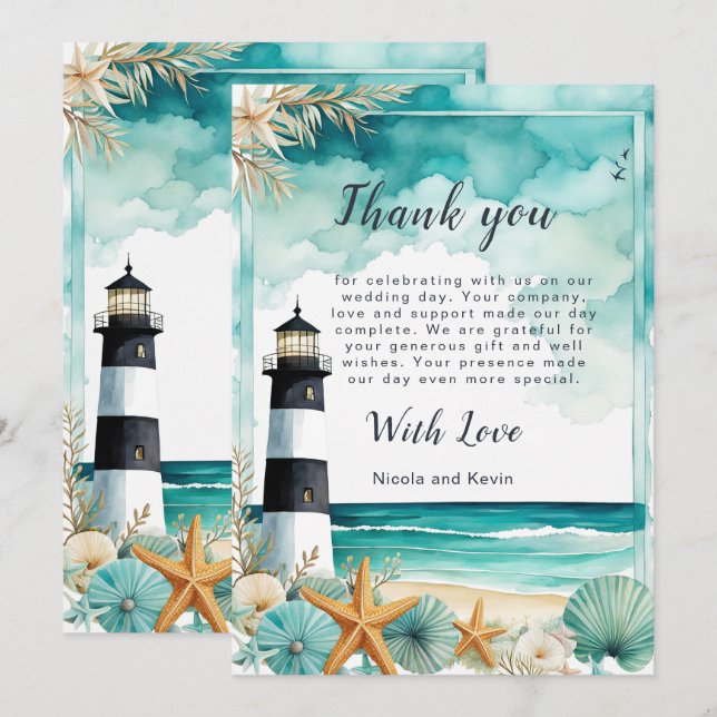 Carte De Remerciements Mariage au phare nautique (Devant / Derrière)