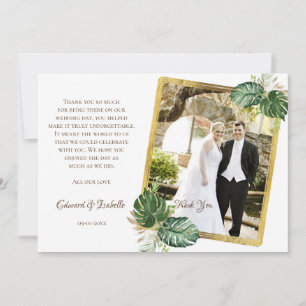 Carte De Remerciements Mariage aux feuilles de Monstera vertes et dorées 
