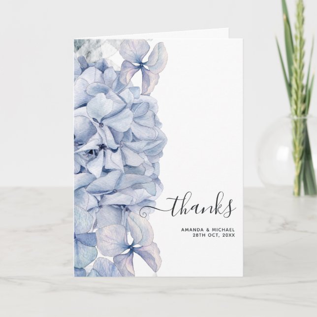 Carte De Remerciements Mariage aux Hortensias Bleus (Devant)