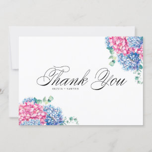 Carte De Remerciements Mariage aux Hortensias Rose et Bleu à l'Aquarelle
