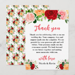 Carte De Remerciements Mariage aux Roses Rouges et Orange Romantiques