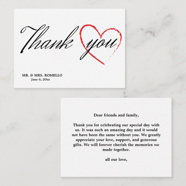 carte de remerciements mariage avec coeur (Devant / Derrière)