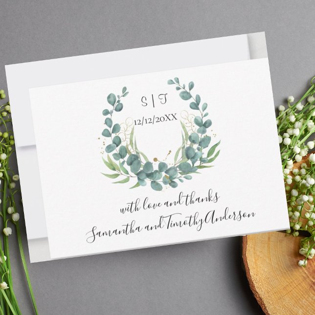 Carte De Remerciements Mariage avec monogramme personnalisé Eucalyptus Sc (Créateur téléchargé)