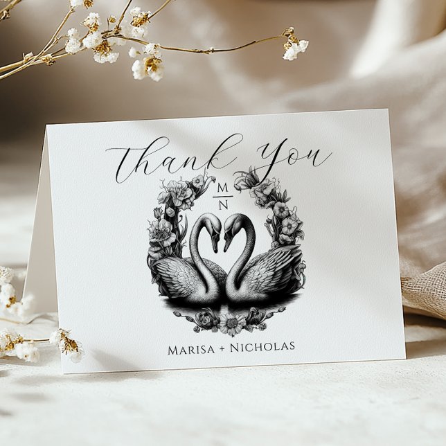 Carte de remerciements Mariage Black & White Swan  (Elegant Wedding Thank You Card)