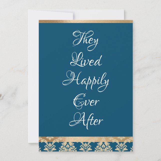 Carte De Remerciements Mariage Blanc Script Bleu Damassé Or Heureux Pour  (Devant)