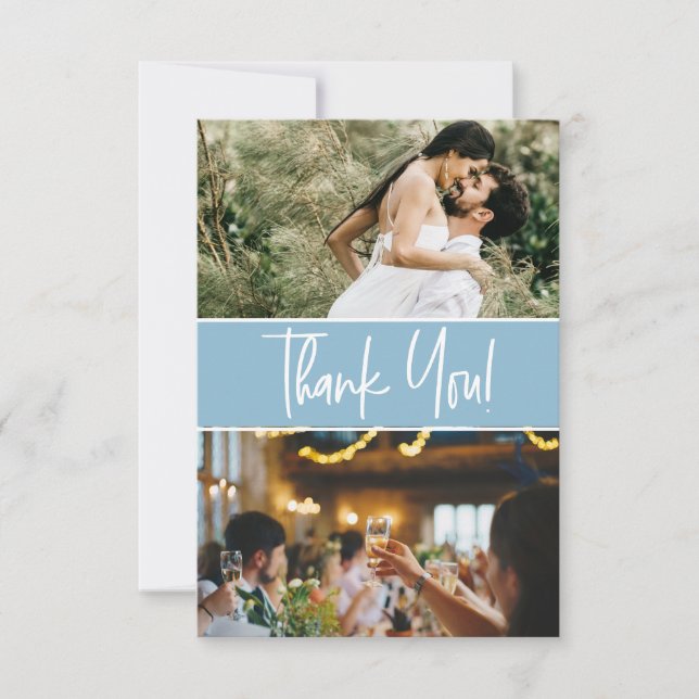 Carte De Remerciements Mariage bleu chic 2 photos personnalisées (Devant)