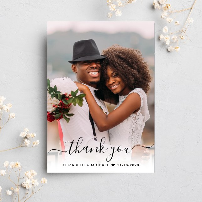 Carte De Remerciements Mariage bleu Dusty (Celebrate your love story with a thank you card showcasing your favorite wedding day photo)