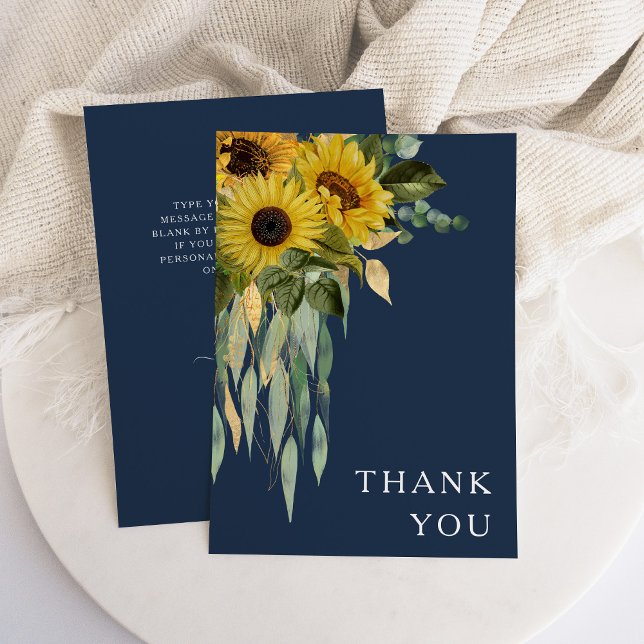 Carte De Remerciements Mariage bleu floral de la marine tournesol Eucalyp (Navy Blue Floral Sunflower Eucalyptus Wedding Thank You Card)