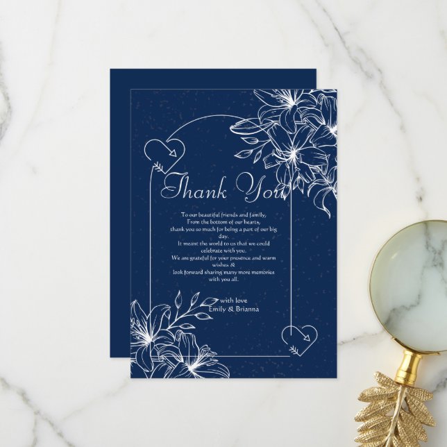 Carte De Remerciements Mariage bleu marine élégant classique  (Devant/Arrière en situation)