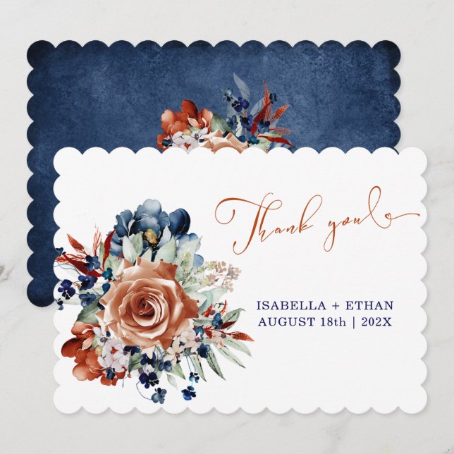 Carte de remerciements Mariage bleu marine et oran (Devant / Derrière)