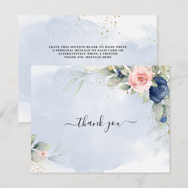 Carte de remerciements mariage bleu marine et rose (Devant / Derrière)