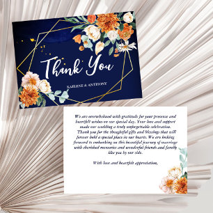 Carte De Remerciements Mariage bleu marine orange blanc roses