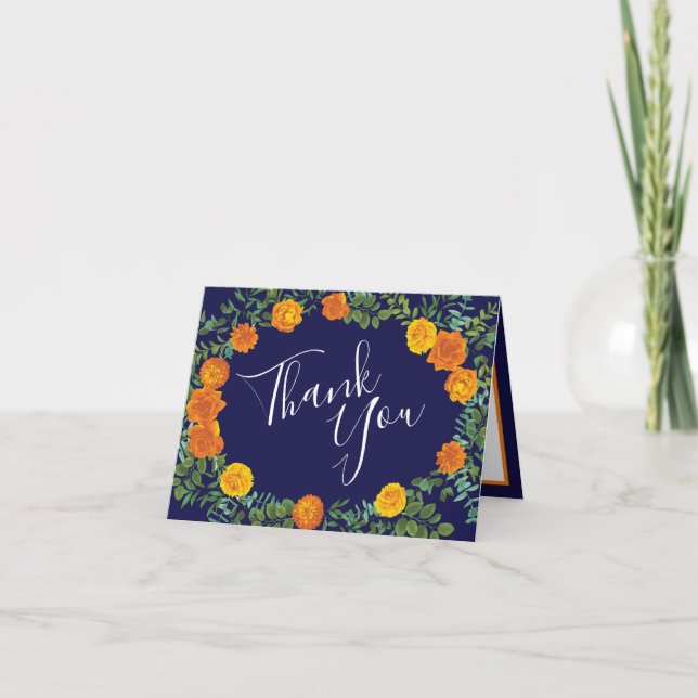 Carte De Remerciements Mariage bleu marine Rose orange (Devant)