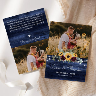 Carte De Remerciements Mariage bleu rustique de la marine de tournesol
