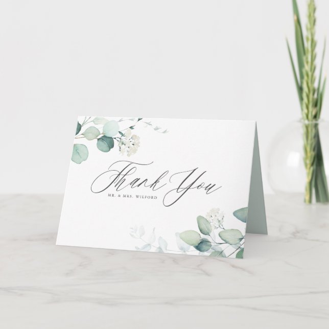 Carte De Remerciements Mariage bohème aquarelle feuilles d'eucalyptus ver (Devant)