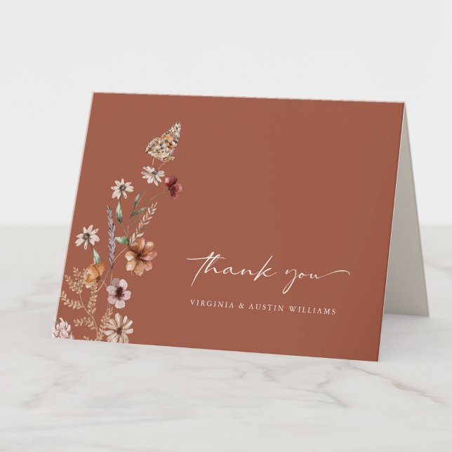 Carte de remerciements Mariage Boho Terracotta (Boho Terracotta Wildflower  Wedding Thank You Card with Butterfly by Painted Paperie
)