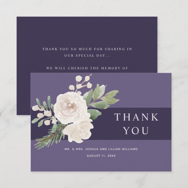 Carte De Remerciements Mariage botanique blanc hivernal violet (Devant / Derrière)